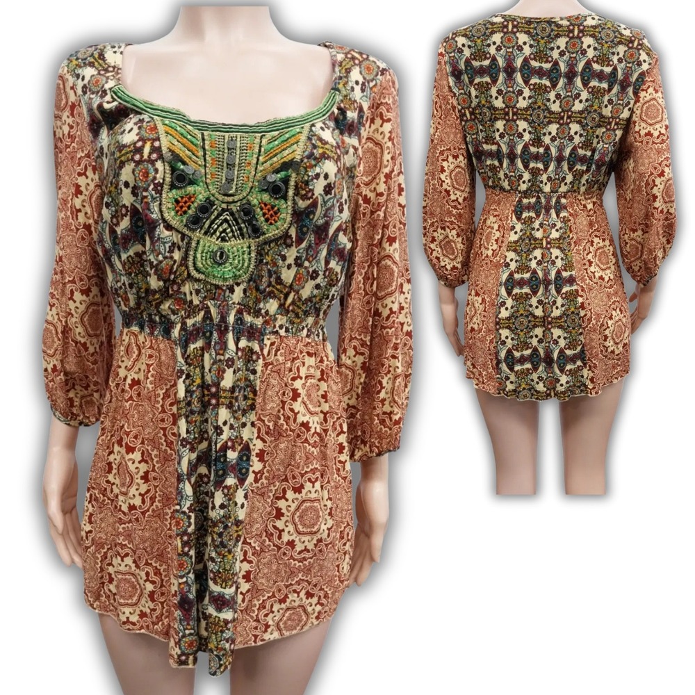 Live and Let Live Boho Embroidered Smocked Beaded Tunic Top Peasant L Yellow Red
